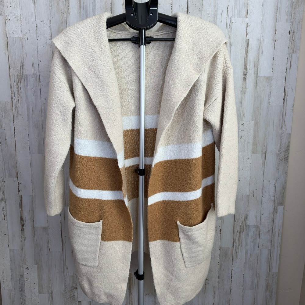 Lulus Carlsbad Hooded Blanket Cardigan Sweater M/L Tan Striped Open Western